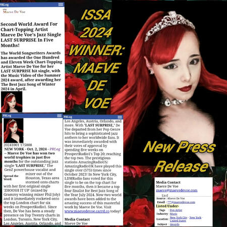 Second World Award for Maeve De Voe 'Last Surprise' from the World Songwriters Awards for Best Music Video